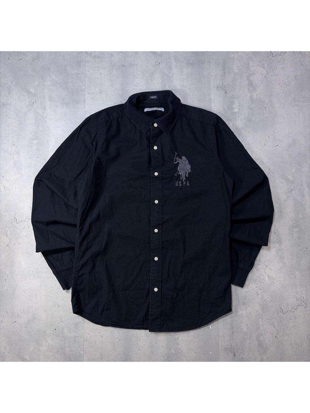 Y2K Black U.S. Polo Assn Grunge Gothic Big Pony Long Sleeve Button Up Shirt